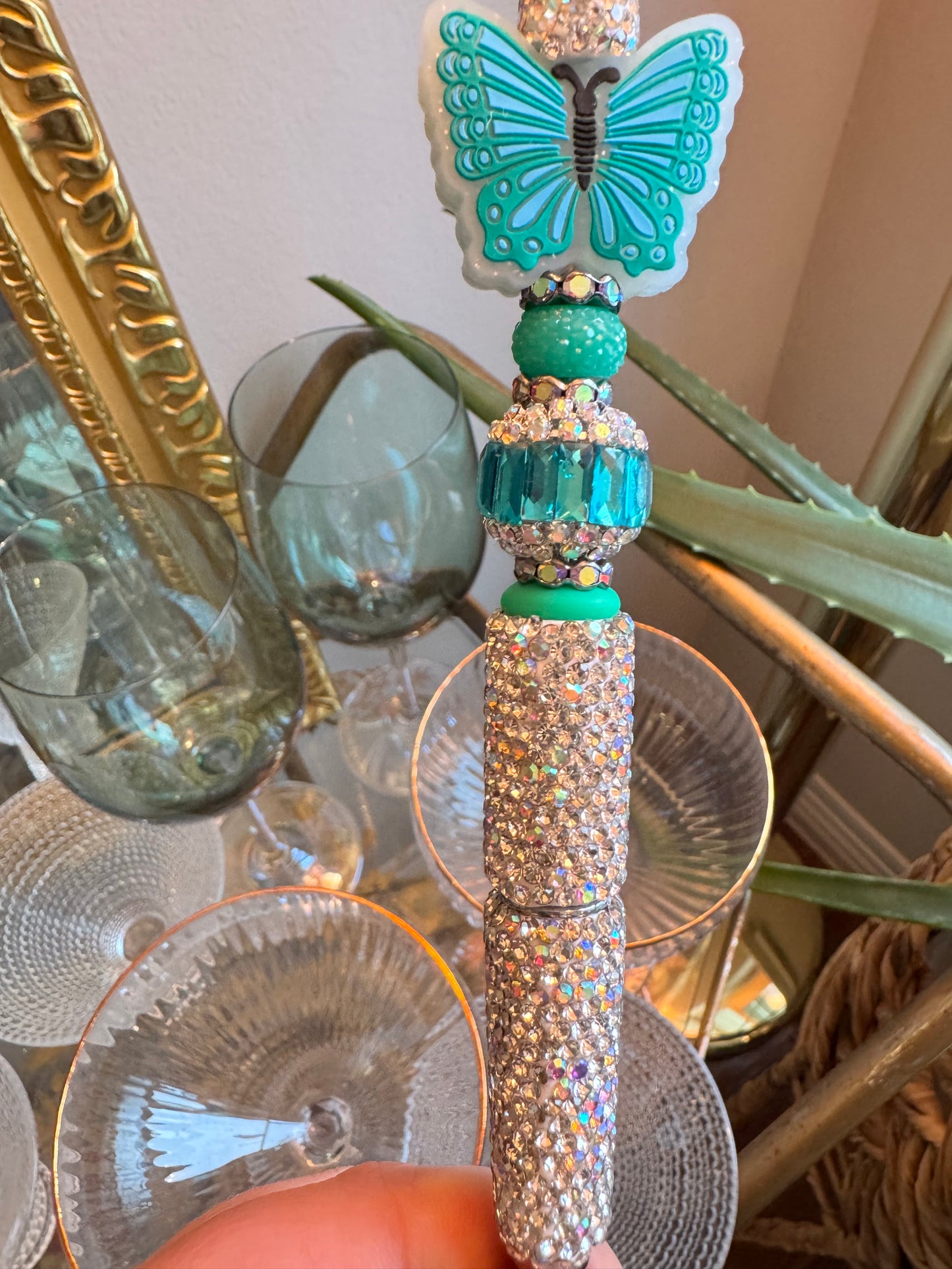 Teal Sparkly Butterfly Fancy Pen