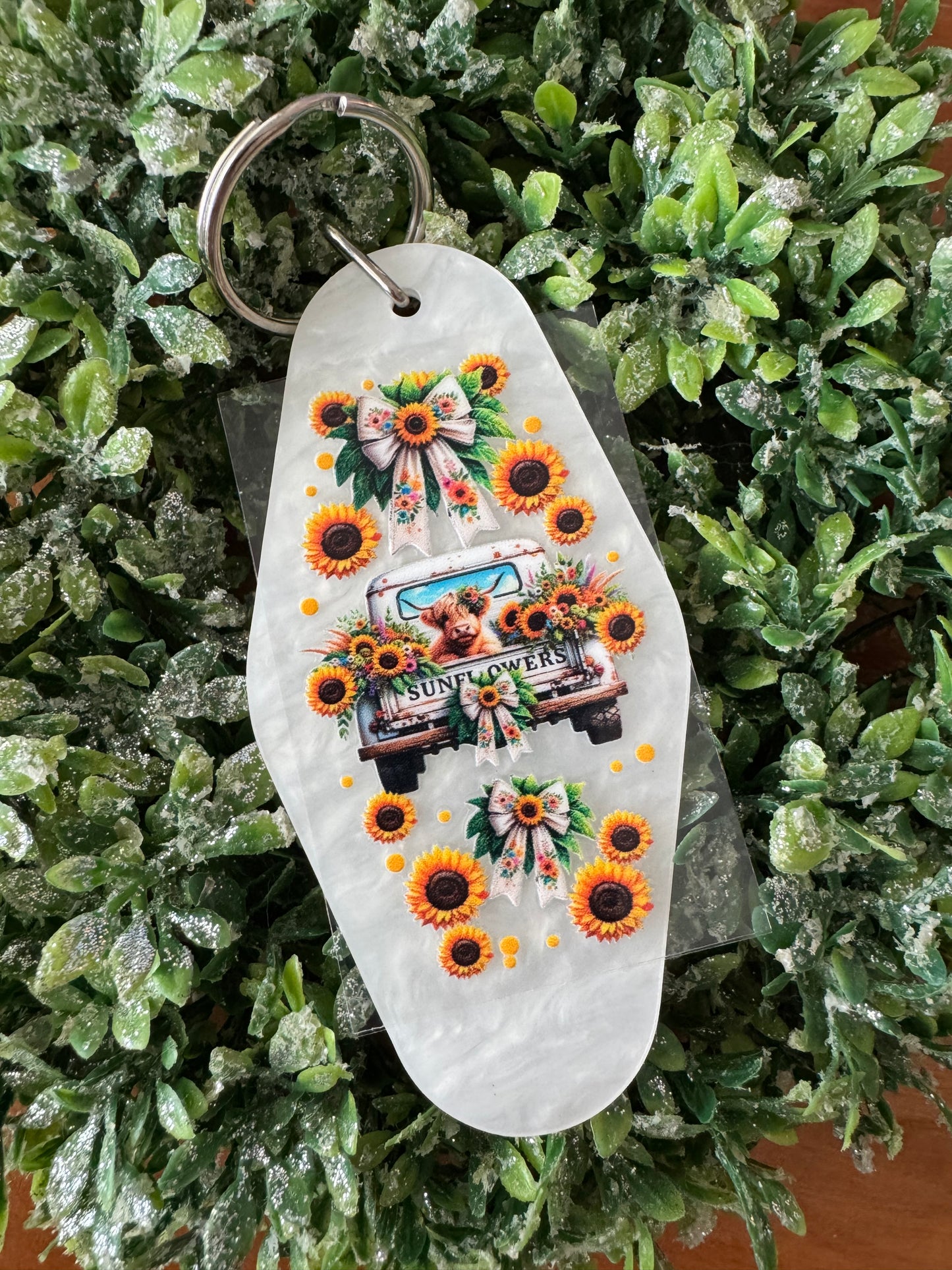 White Sunflower Cow Keychain Decal
