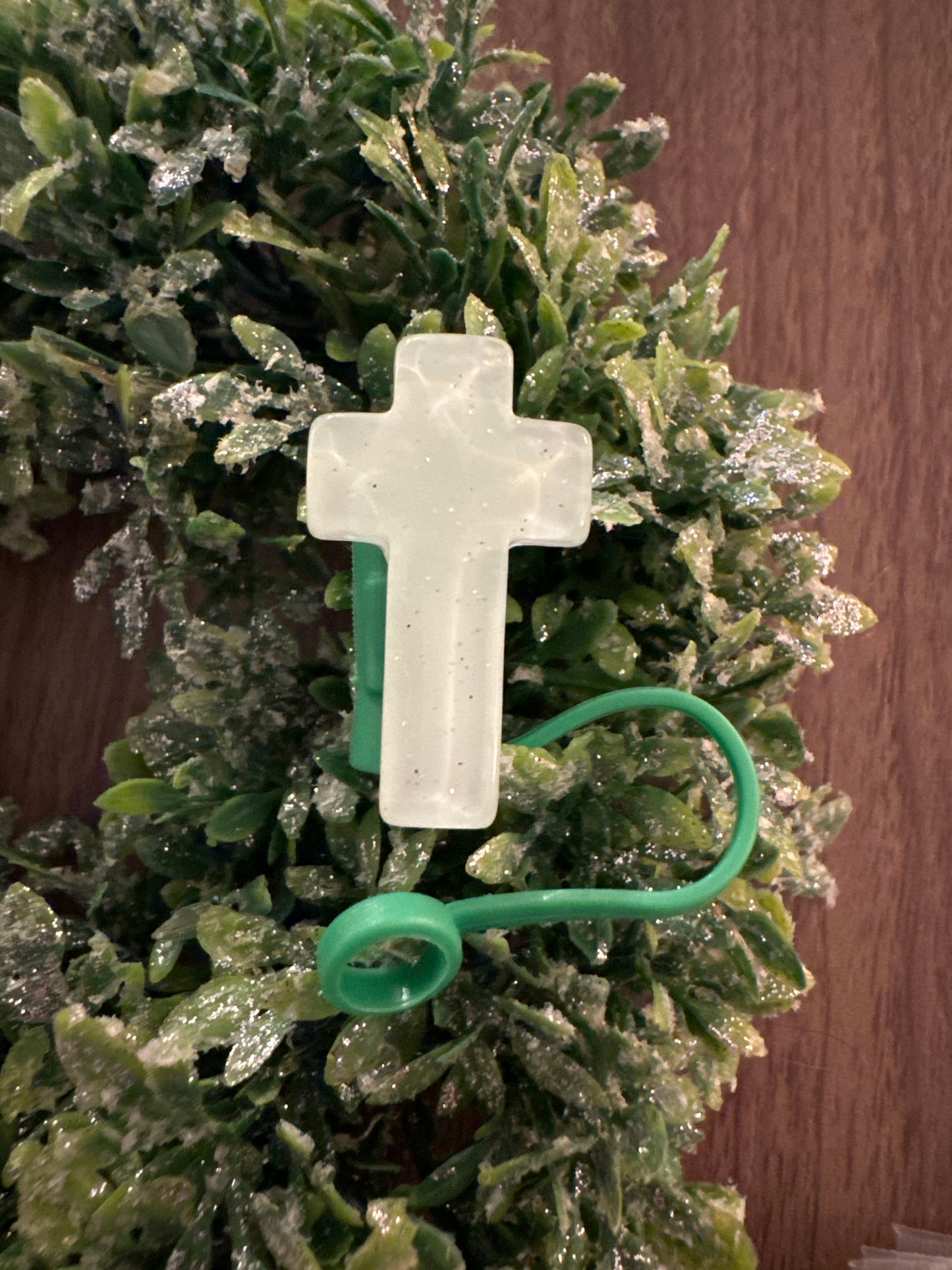 Green Sparkly Cross Straw Topper