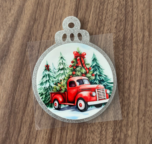 Red Truck & Snowy Trees Circle Decal