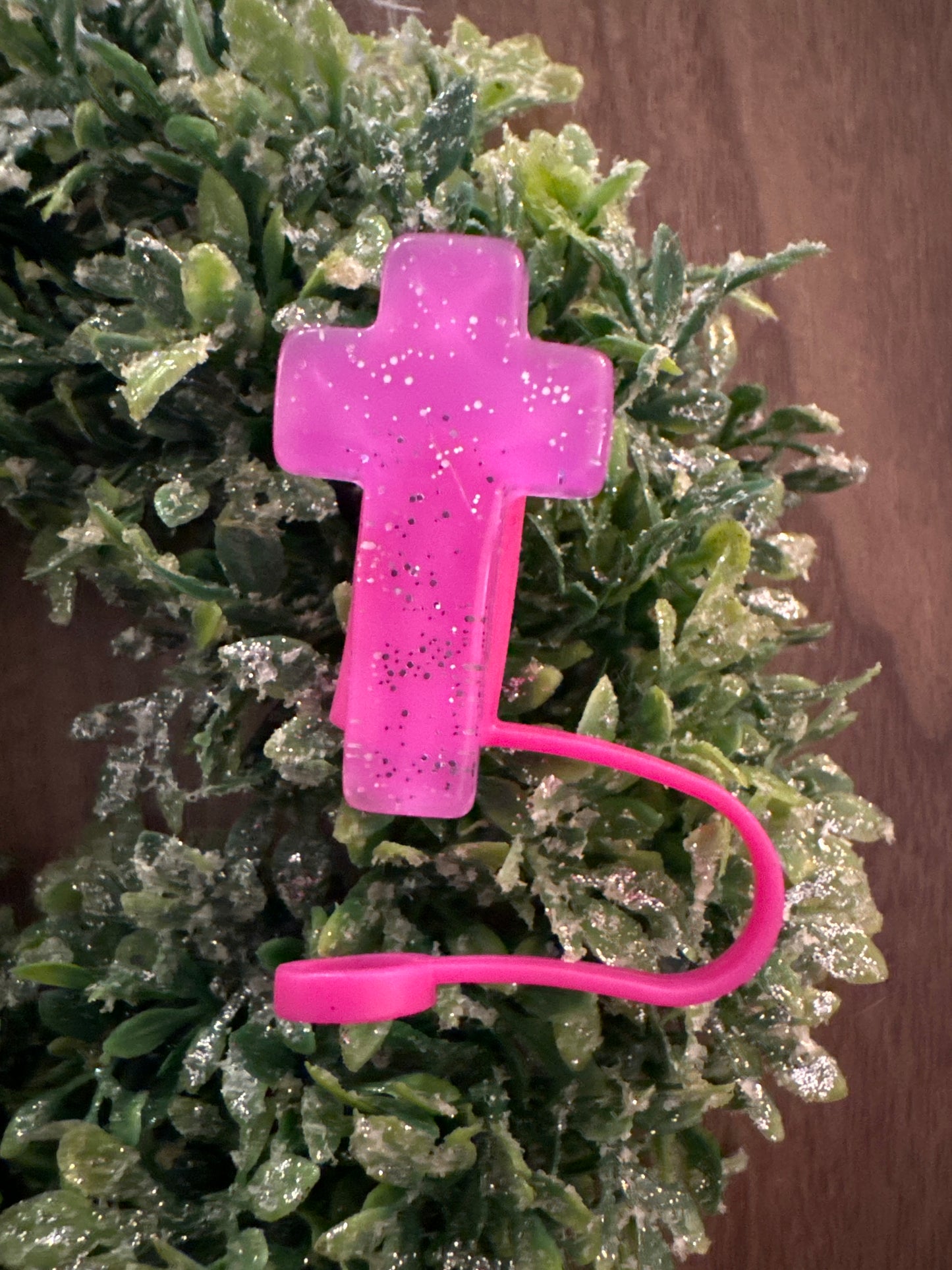 Pink Sparkly Cross Straw Topper