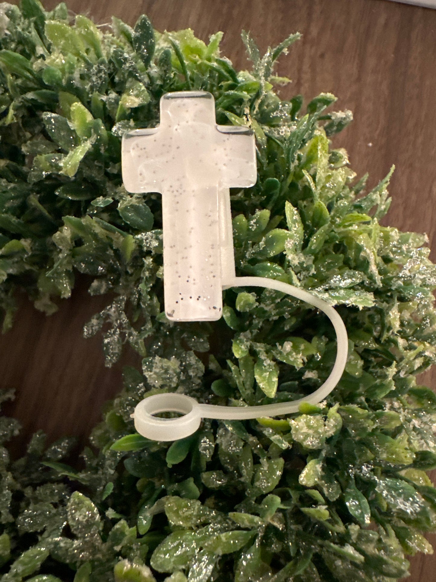 White Sparkly Cross Straw Topper