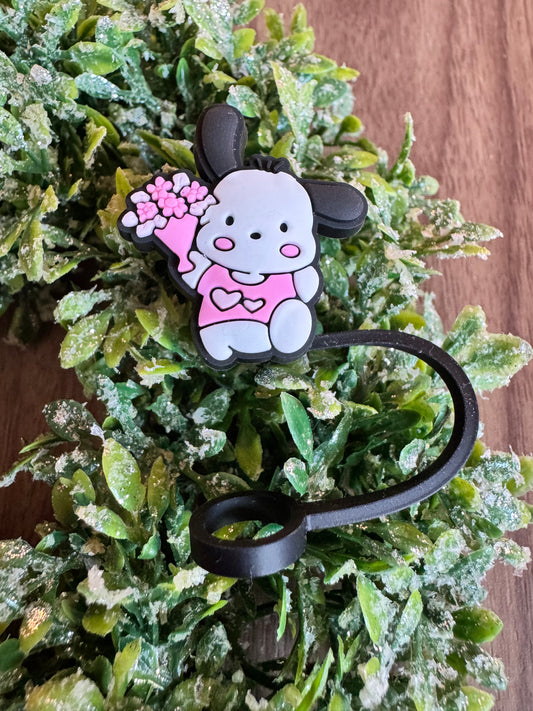 White Kawaii Pink Flowers Straw Topper